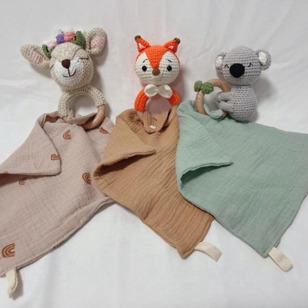 Personalized Baby Rattle With Muslin Cloth Handkerchief