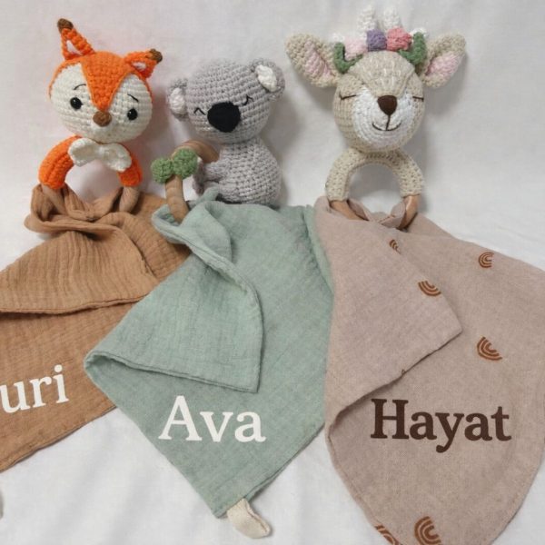 Personalized Baby Rattle With Muslin Cloth Handkerchief