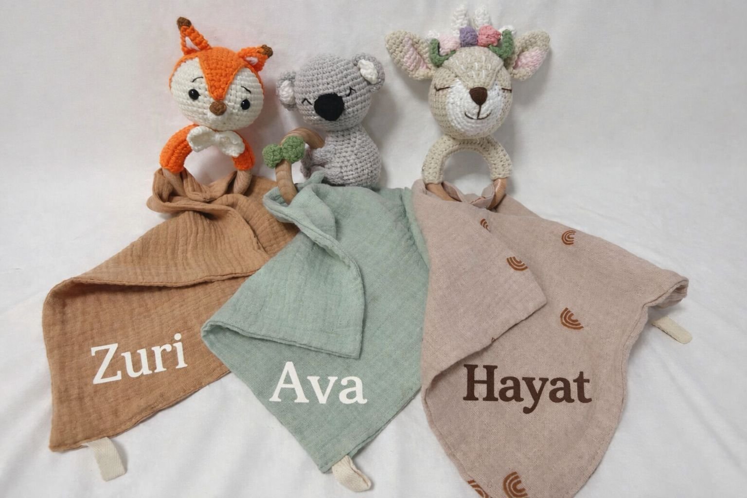 Personalized Baby Rattle With Muslin Cloth Handkerchief